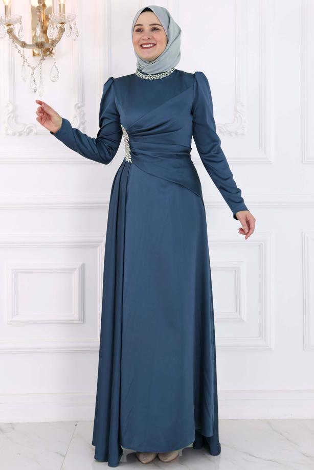 Tesettür giyim LACİVERT TAŞLI ABİYE ELBİSE T 7853 - TRENDTESETTÜR