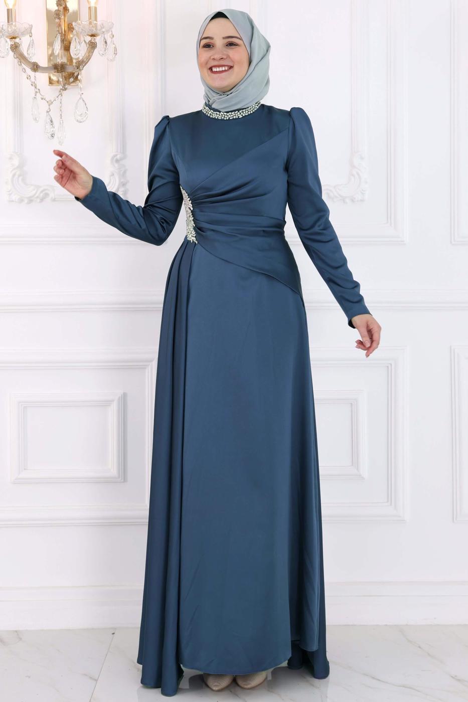 Vêtements hijab BLEU MARINE ROBE DE SOIRÉE À DÉTAILS DE PIERRES PRÉCIEUSES T 7853