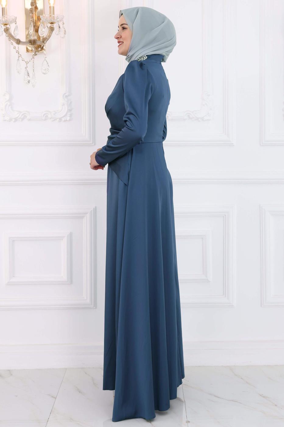 Vêtements hijab BLEU MARINE ROBE DE SOIRÉE À DÉTAILS DE PIERRES PRÉCIEUSES T 7853