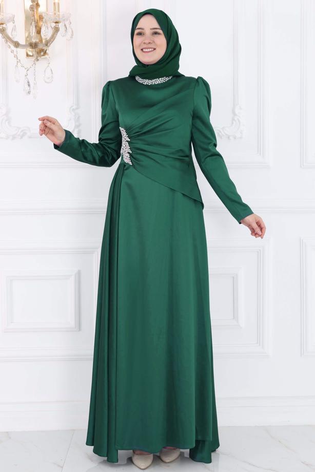 Tesettür giyim YEŞİL TAŞLI ABİYE ELBİSE T 7853 - TRENDTESETTÜR