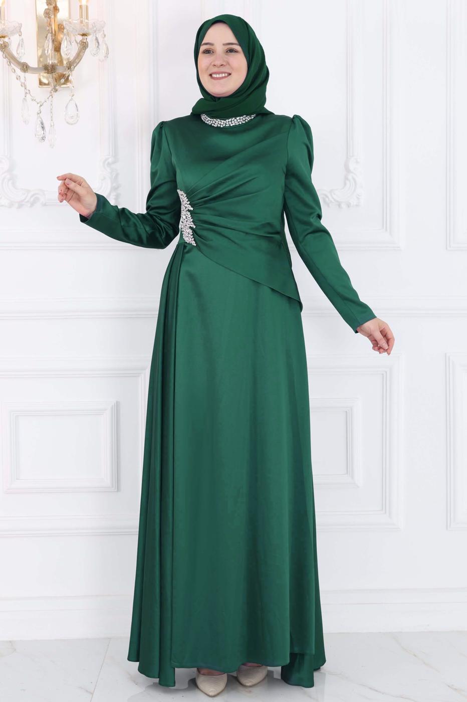 Hijab clothing GREEN GEM DETAILED EVENING DRESS T 7853