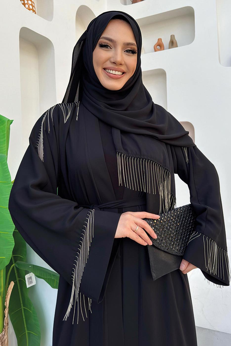 Tesettür giyim SİYAH PÜSKÜL DETAYLI ŞALLI ABAYA T 7887