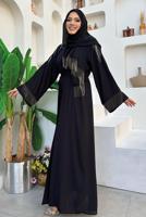 Tesettür giyim SİYAH PÜSKÜL DETAYLI ŞALLI ABAYA T 7887