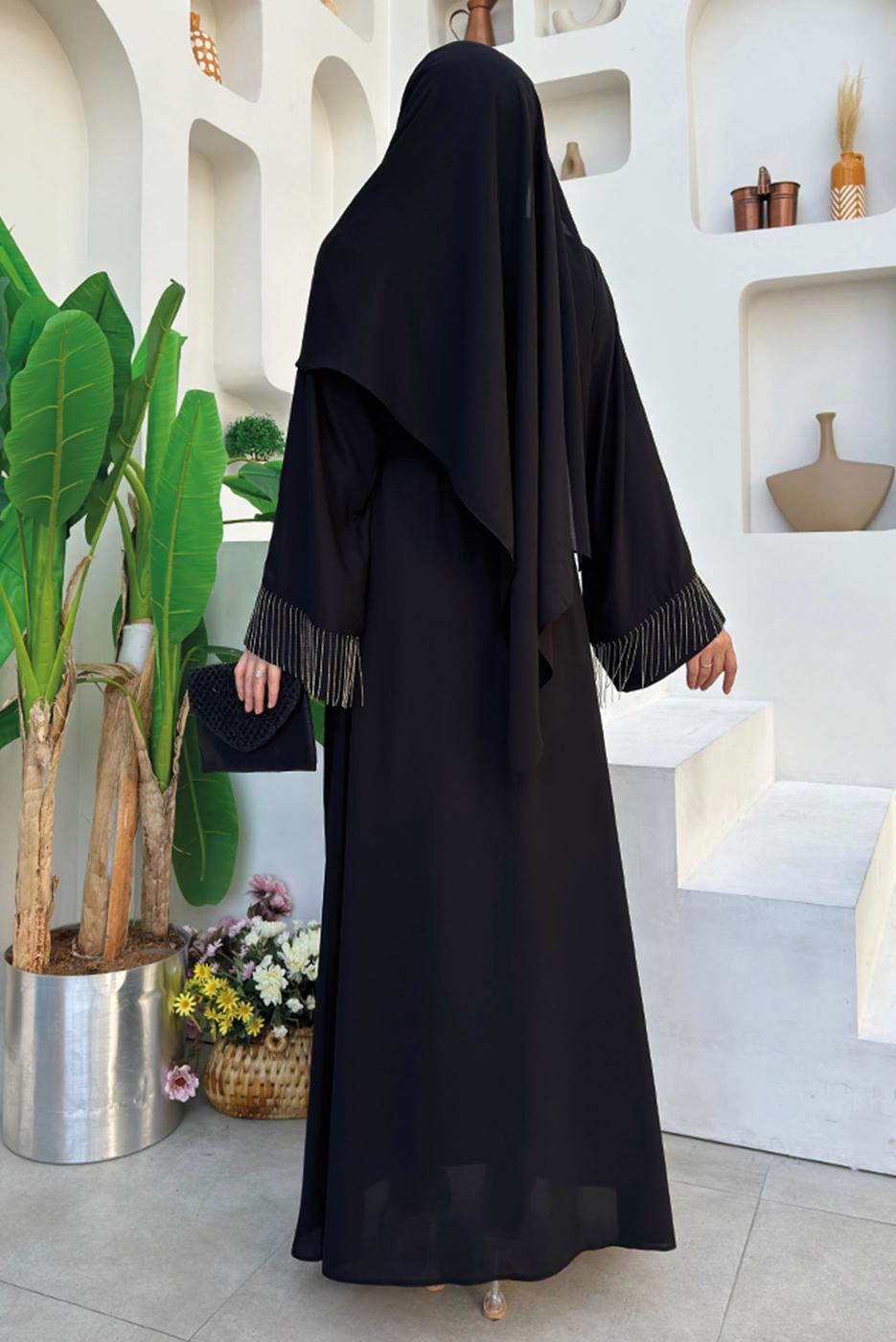 Tesettür giyim SİYAH PÜSKÜL DETAYLI ŞALLI ABAYA T 7887