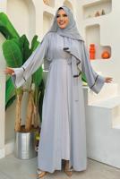 Tesettür giyim GRİ PÜSKÜL DETAYLI ŞALLI ABAYA T 7887