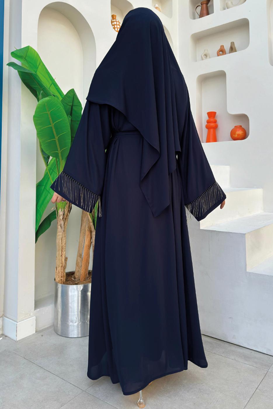 Tesettür giyim LACİVERT PÜSKÜL DETAYLI ŞALLI ABAYA T 7887