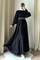 Tesettür giyim SİYAH KEMERLİ ABİYE ELBİSE T 7895