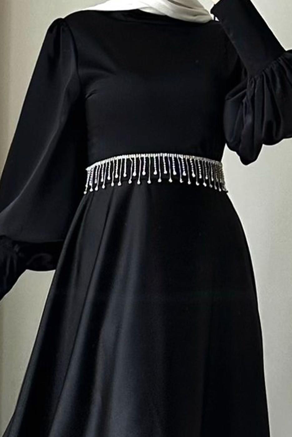 Tesettür giyim SİYAH KEMERLİ ABİYE ELBİSE T 7895