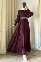 Tesettür giyim BORDO KEMERLİ ABİYE ELBİSE T 7895