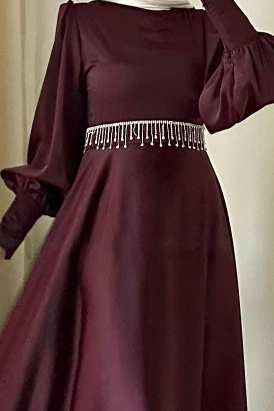 Tesettür giyim BORDO KEMERLİ ABİYE ELBİSE T 7895