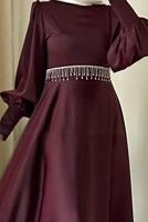 Tesettür giyim BORDO KEMERLİ ABİYE ELBİSE T 7895