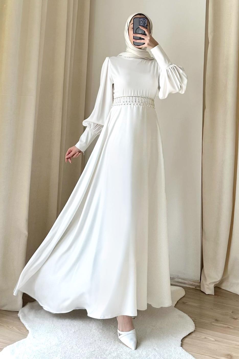 Tesettür giyim EKRU KEMERLİ ABİYE ELBİSE T 7895