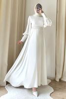 Tesettür giyim EKRU KEMERLİ ABİYE ELBİSE T 7895