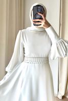 Tesettür giyim EKRU KEMERLİ ABİYE ELBİSE T 7895