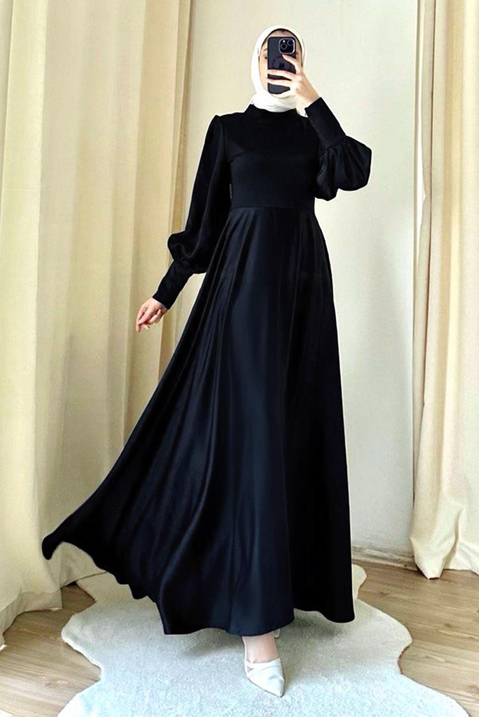 Tesettür giyim SİYAH BALON KOL ABİYE ELBİSE T 7895-1