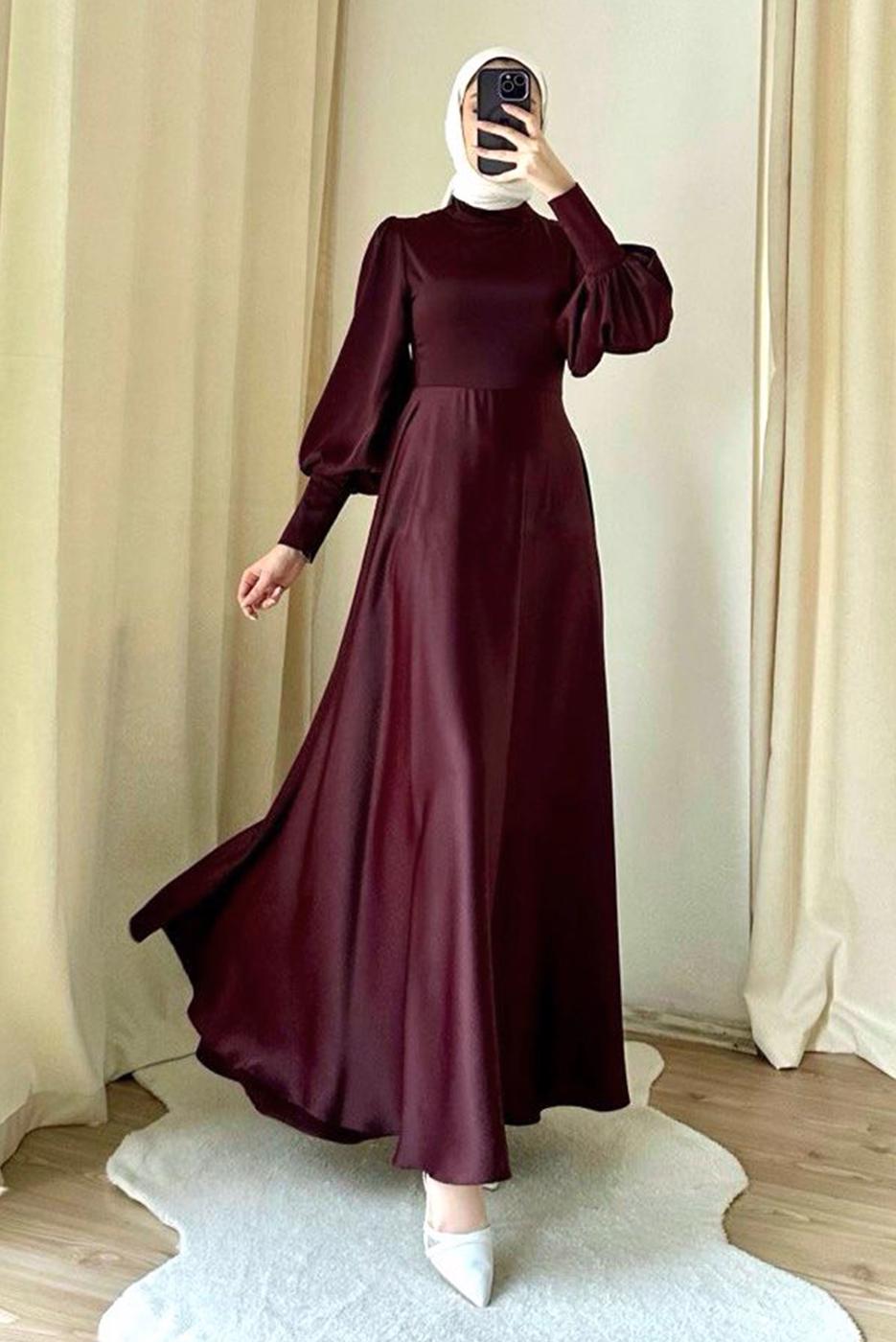 Tesettür giyim BORDO BALON KOL ABİYE ELBİSE T 7895-1