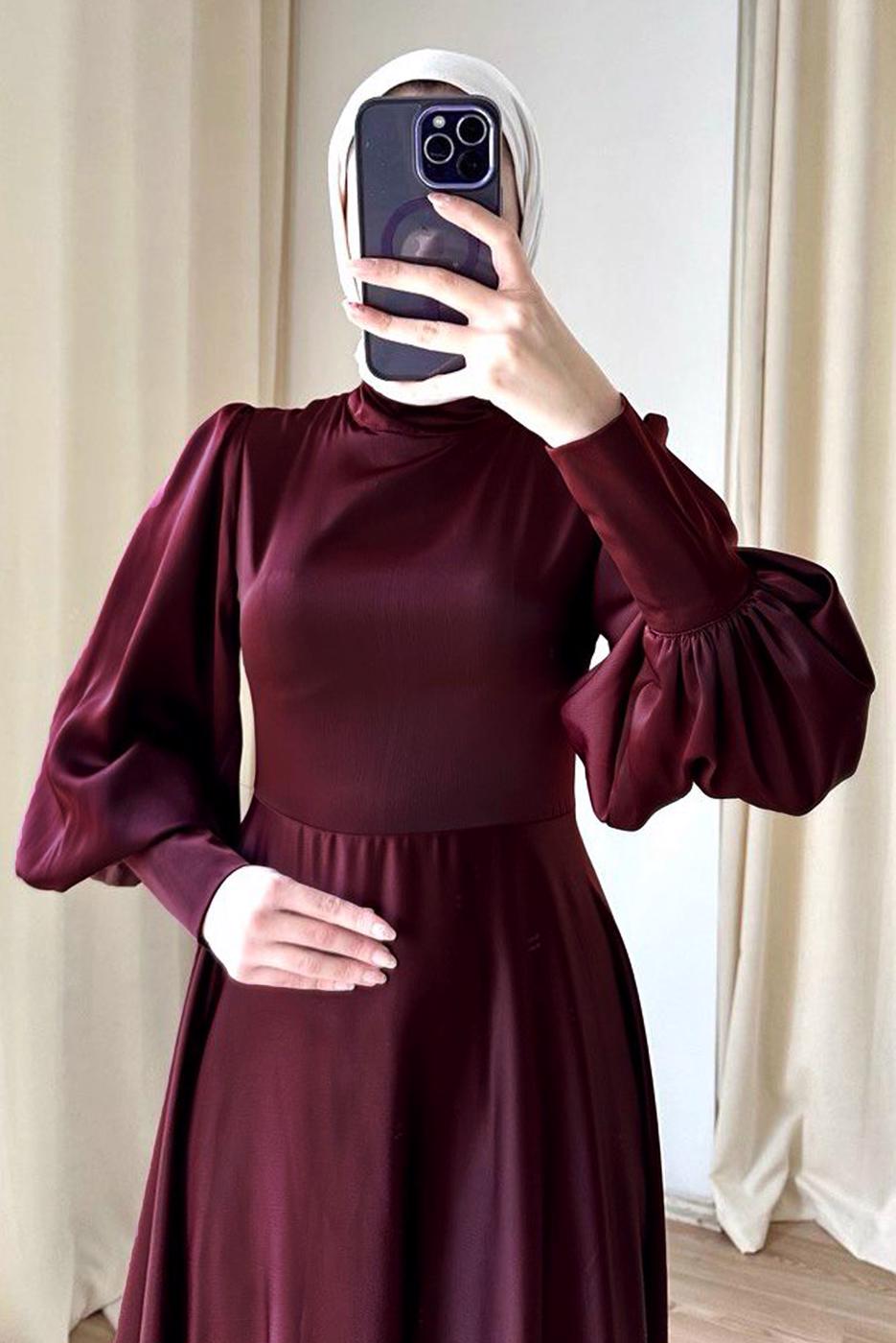 Tesettür giyim BORDO BALON KOL ABİYE ELBİSE T 7895-1