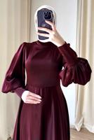 Tesettür giyim BORDO BALON KOL ABİYE ELBİSE T 7895-1
