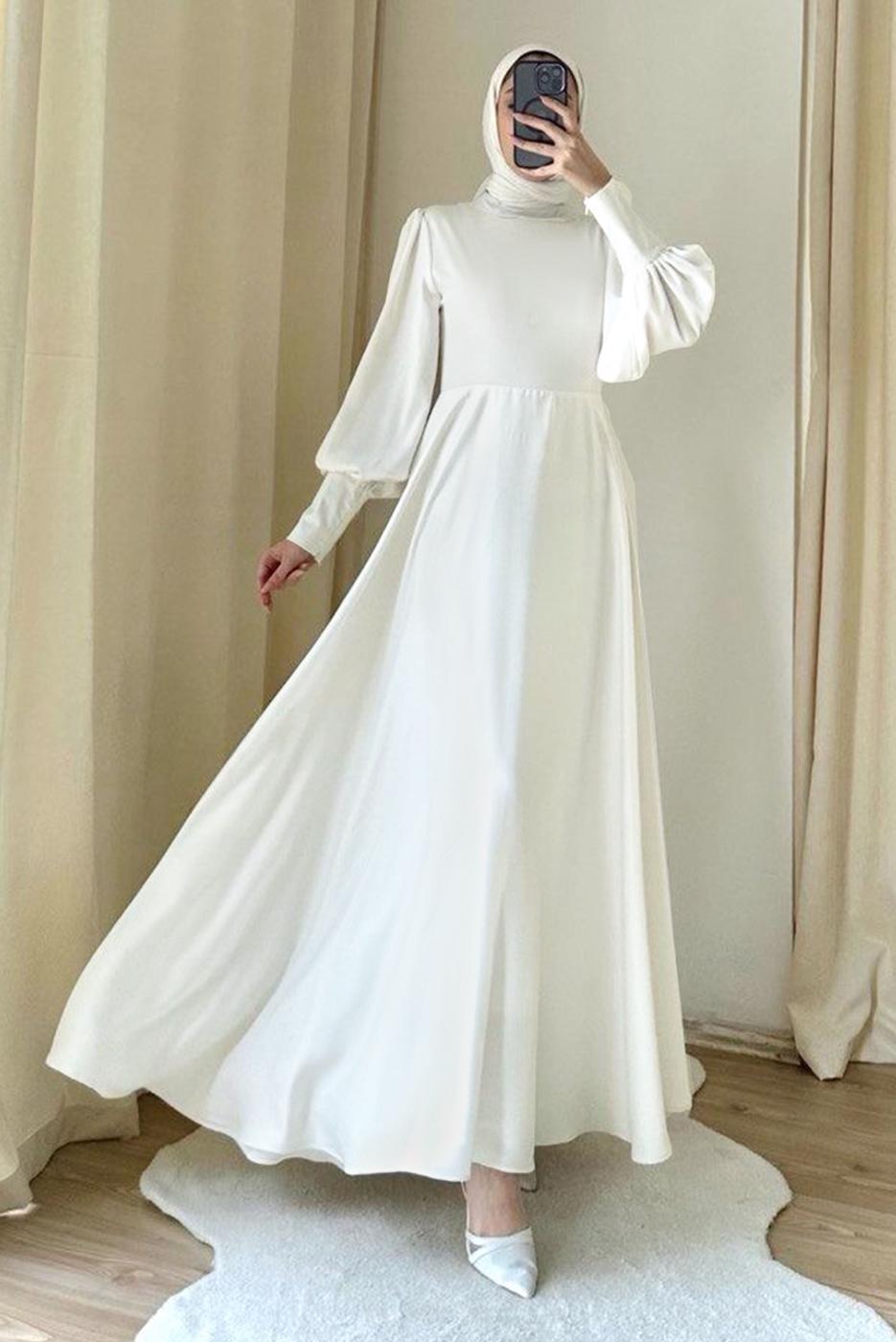 Tesettür giyim EKRU BALON KOL ABİYE ELBİSE T 7895-1