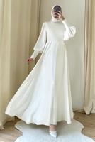 Tesettür giyim EKRU BALON KOL ABİYE ELBİSE T 7895-1