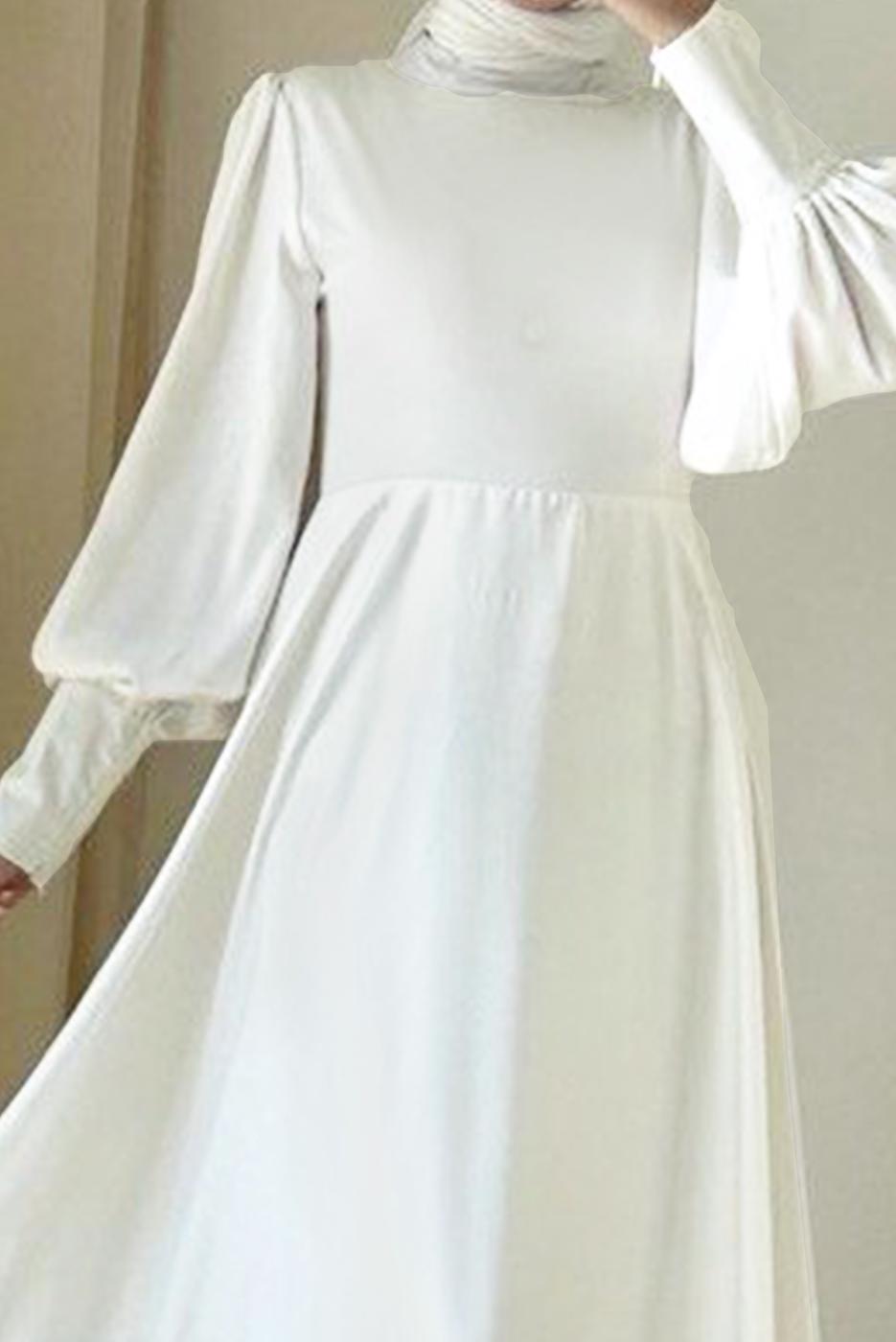 Tesettür giyim EKRU BALON KOL ABİYE ELBİSE T 7895-1