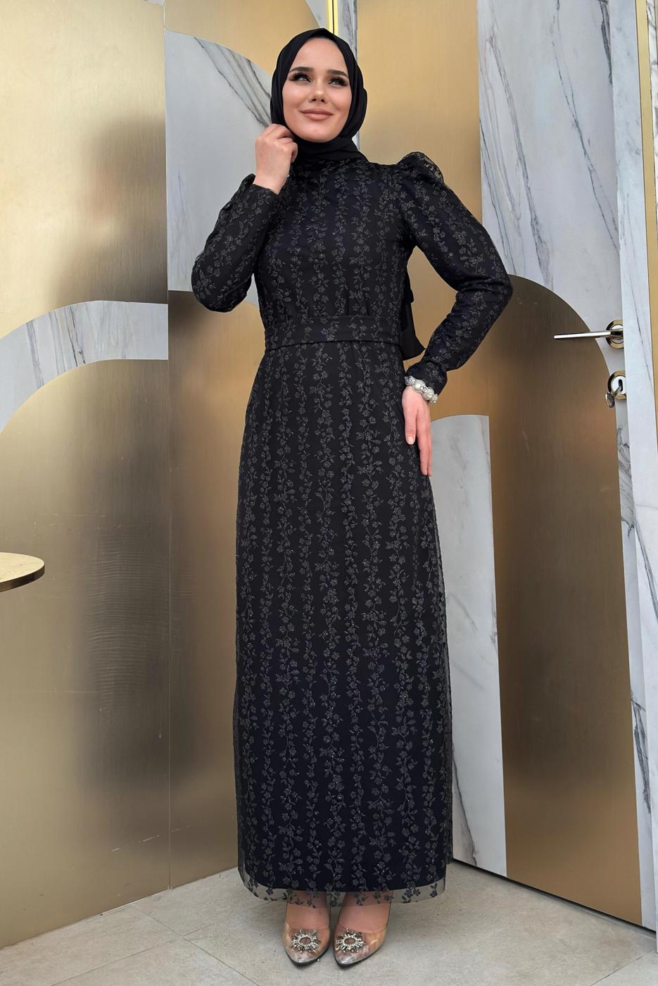 Tesettür giyim SİYAH KEMERLİ ABİYE ELBİSE T 8011