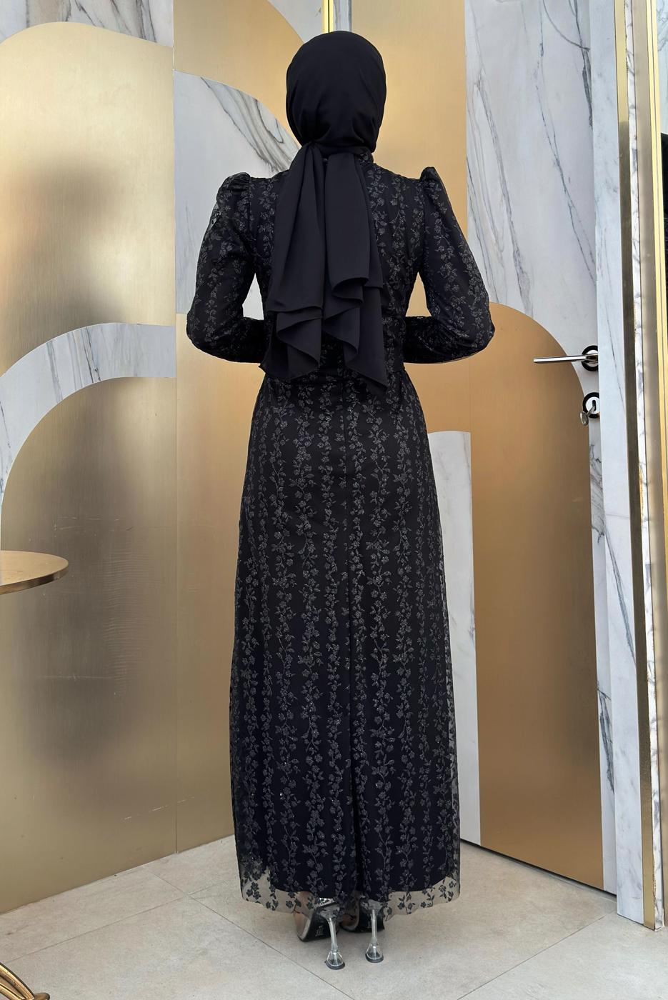 Tesettür giyim SİYAH KEMERLİ ABİYE ELBİSE T 8011