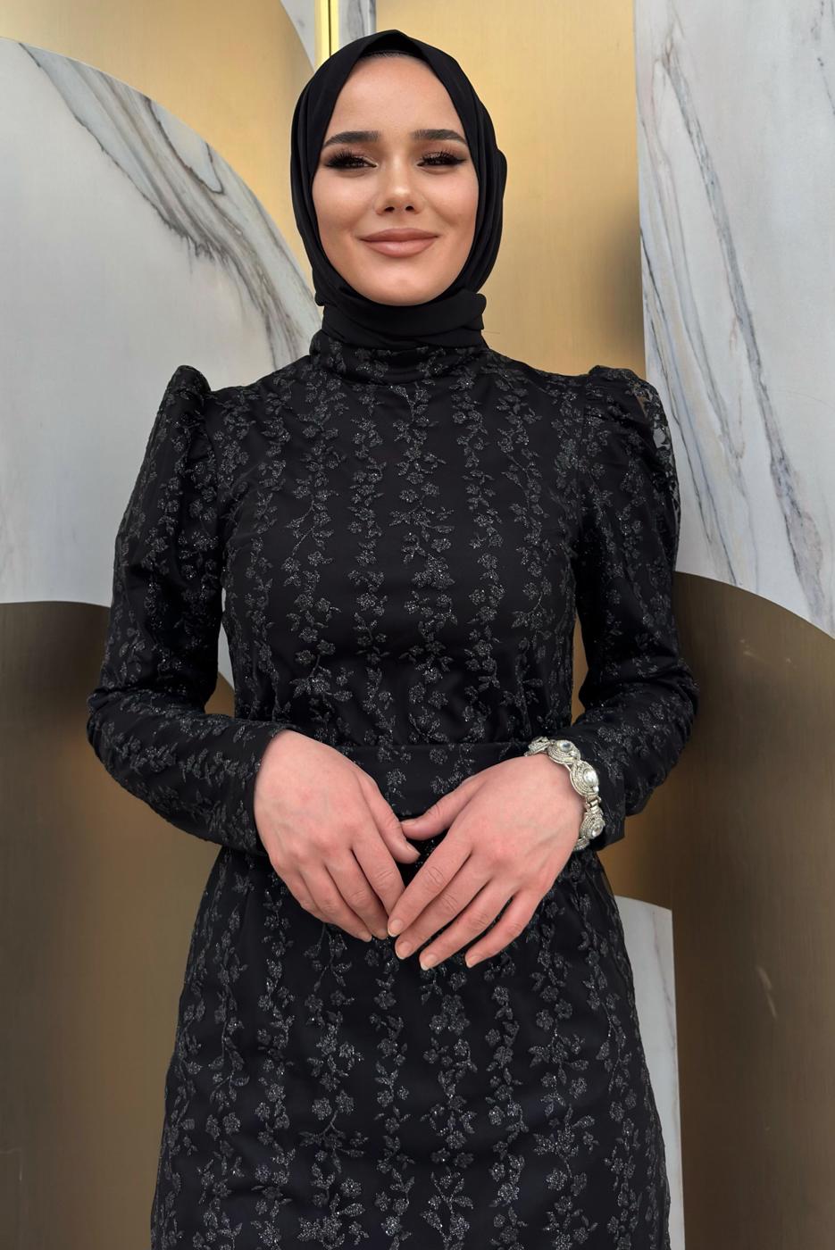 Tesettür giyim SİYAH KEMERLİ ABİYE ELBİSE T 8011