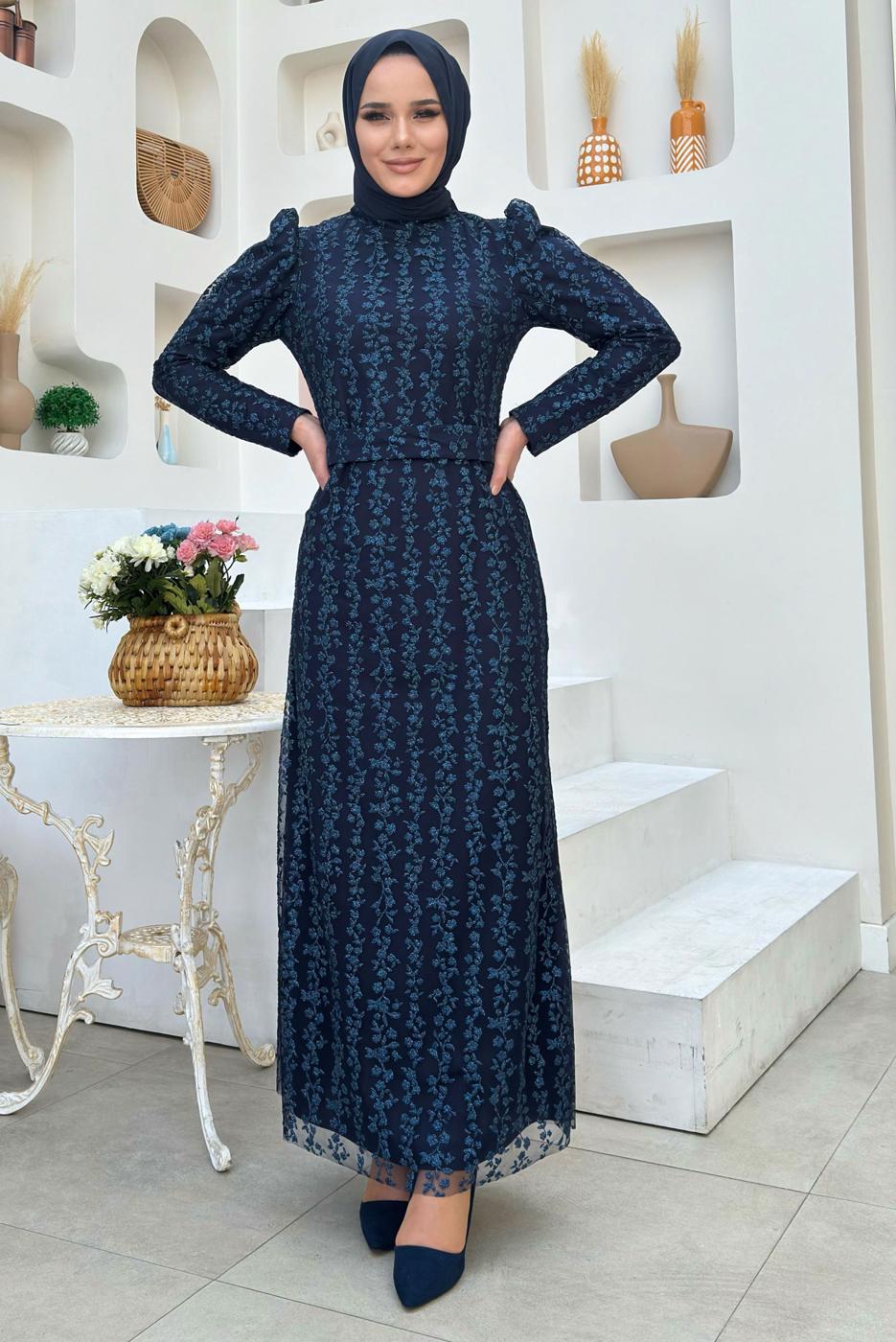 Tesettür giyim LACİVERT KEMERLİ ABİYE ELBİSE T 8011