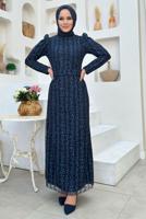 Tesettür giyim LACİVERT KEMERLİ ABİYE ELBİSE T 8011