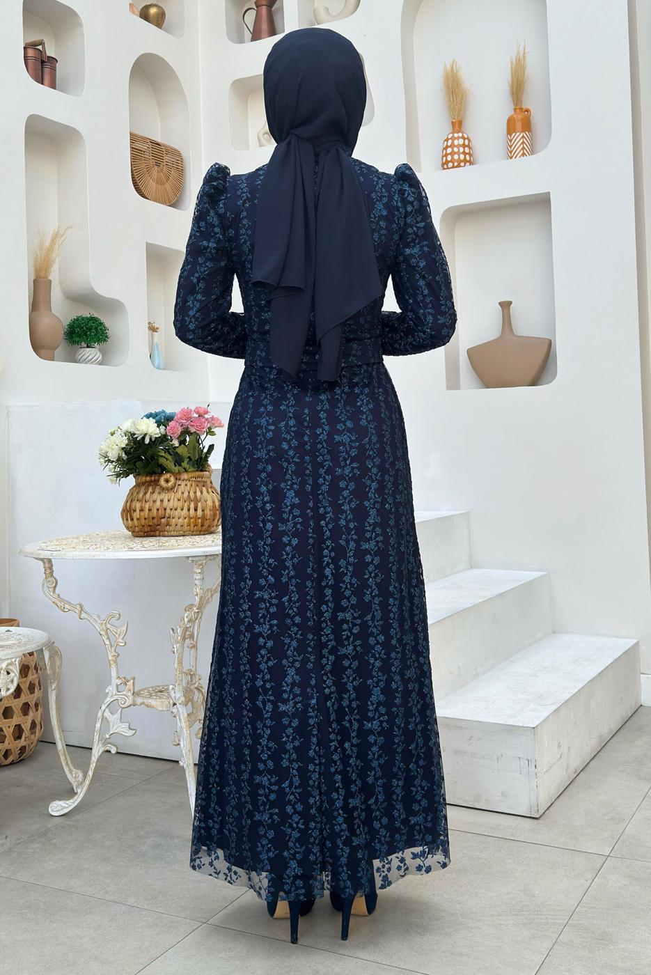 Tesettür giyim LACİVERT KEMERLİ ABİYE ELBİSE T 8011