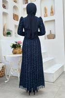 Tesettür giyim LACİVERT KEMERLİ ABİYE ELBİSE T 8011