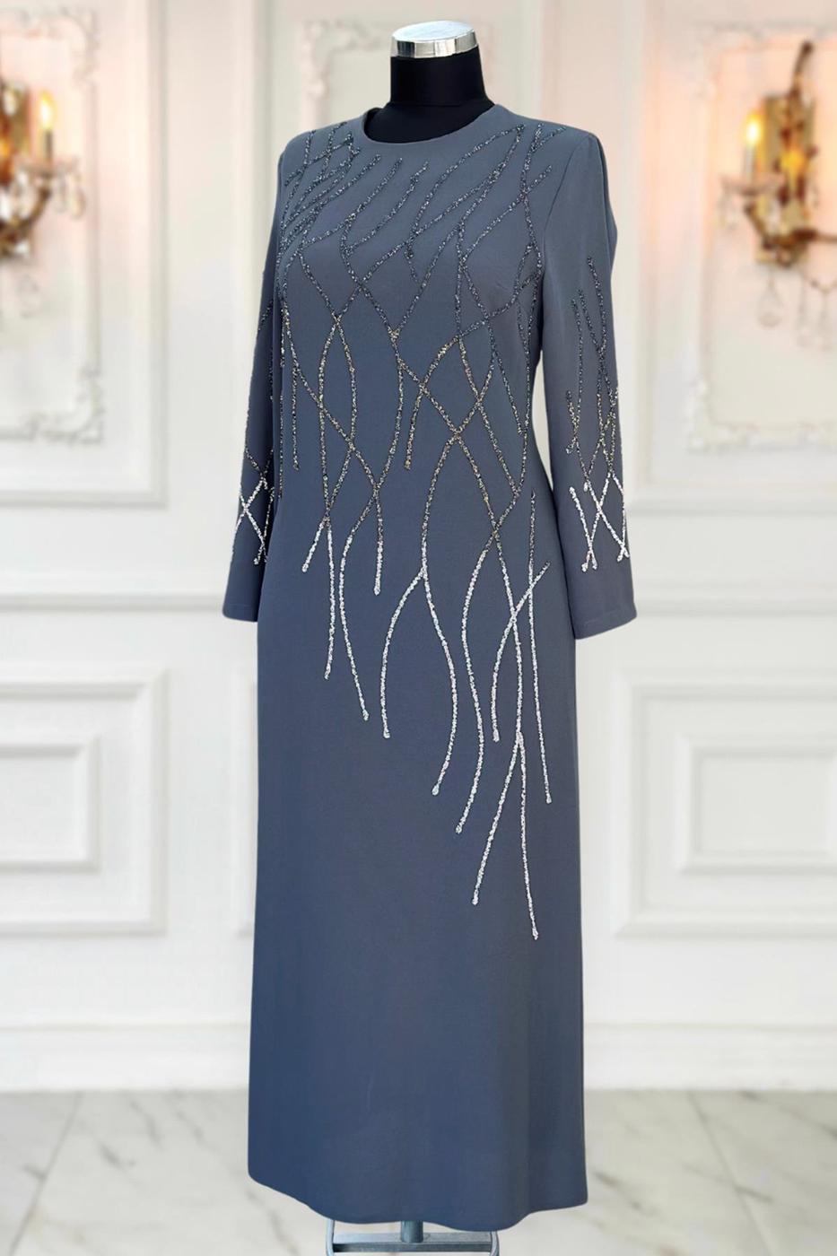 Tesettür giyim GRİ TAŞLI BÜYÜK BEDEN ABİYE ELBİSE T 8031