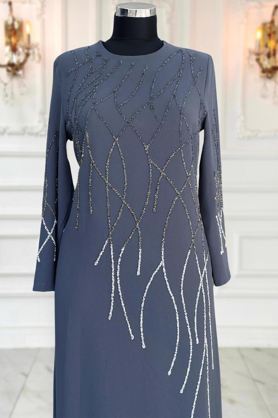 Tesettür giyim GRİ TAŞLI BÜYÜK BEDEN ABİYE ELBİSE T 8031