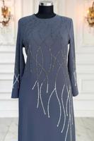 Tesettür giyim GRİ TAŞLI BÜYÜK BEDEN ABİYE ELBİSE T 8031