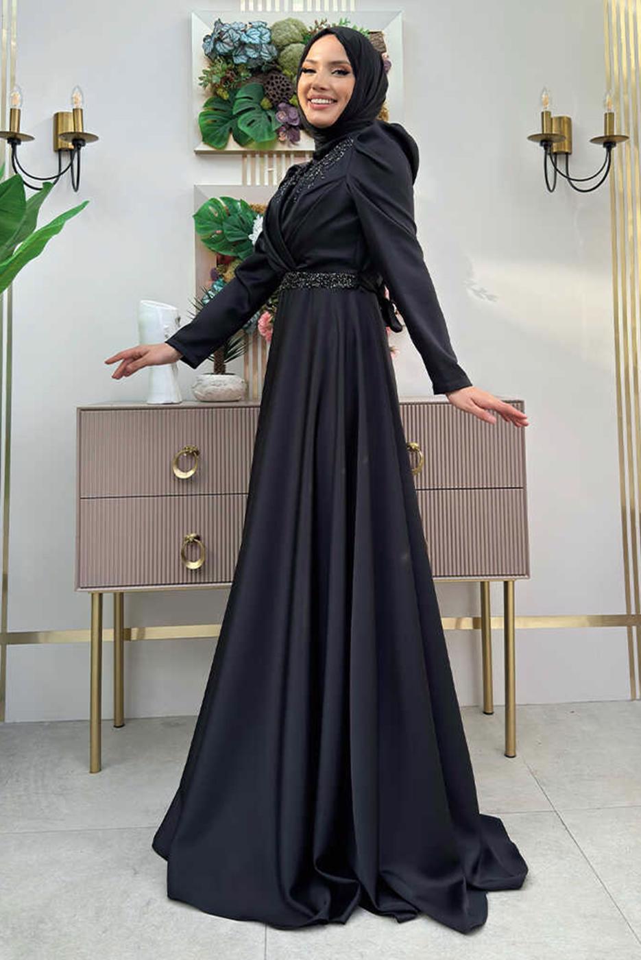 Tesettür giyim SİYAH TAŞ DETAYLI ABİYE ELBİSE T 8511