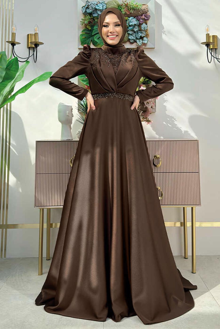 Tesettür giyim KAHVE TAŞ DETAYLI ABİYE ELBİSE T 8511