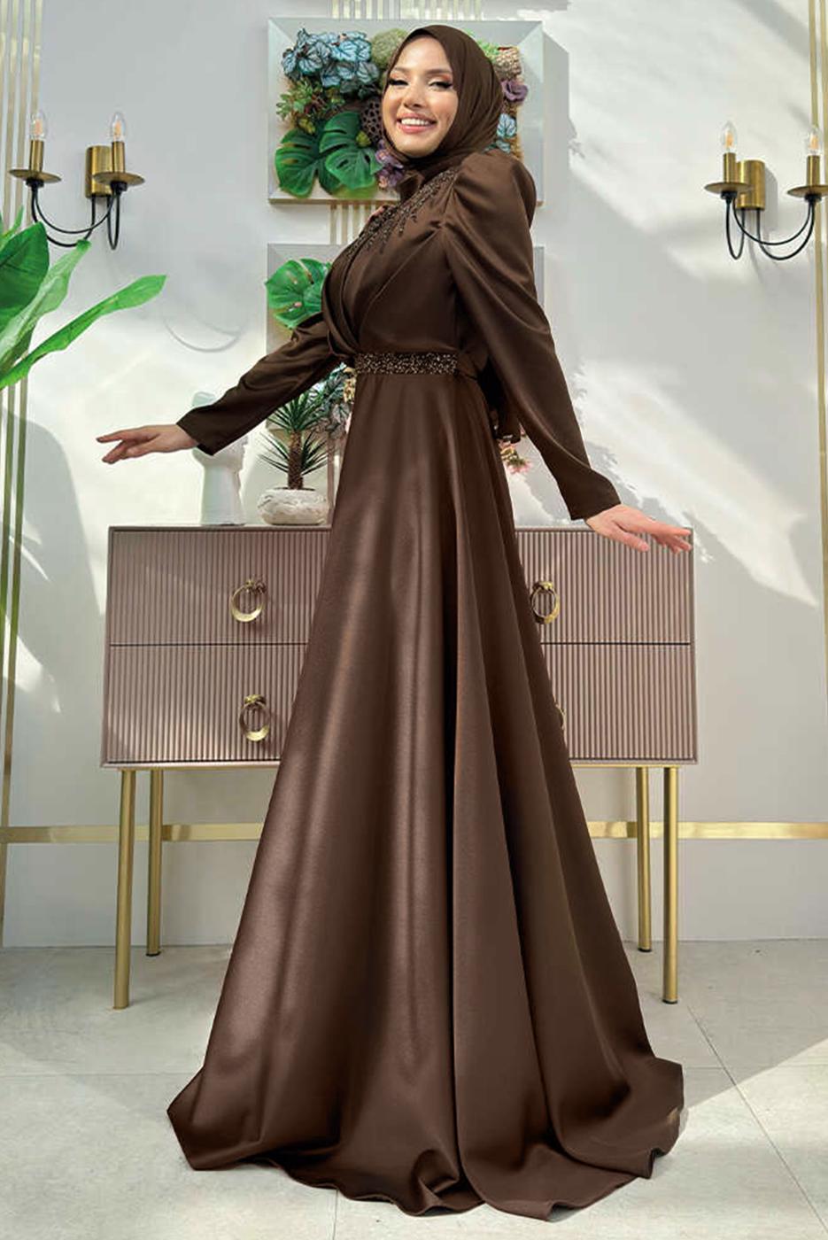 Tesettür giyim KAHVE TAŞ DETAYLI ABİYE ELBİSE T 8511