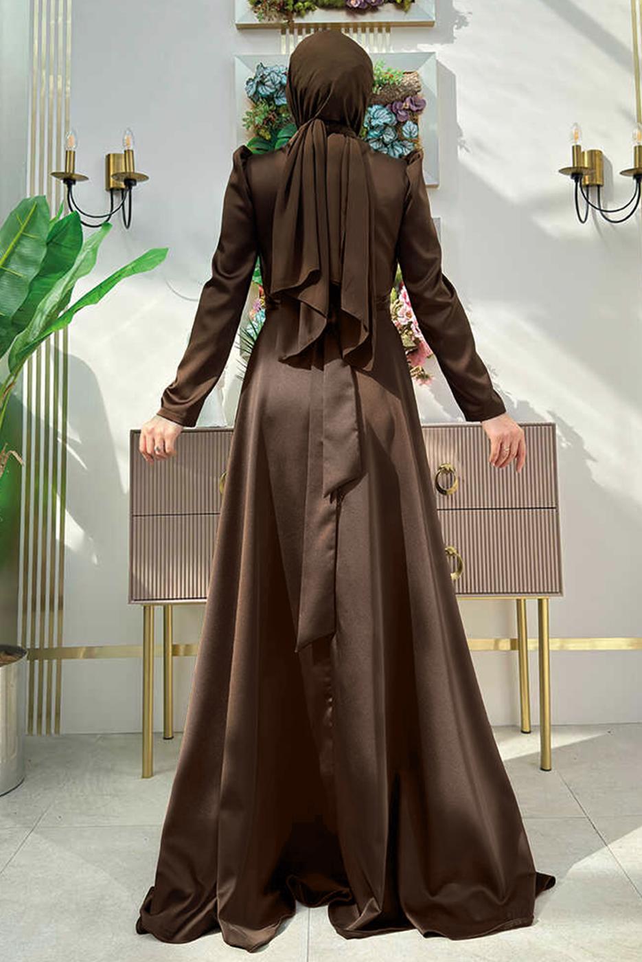 Tesettür giyim KAHVE TAŞ DETAYLI ABİYE ELBİSE T 8511