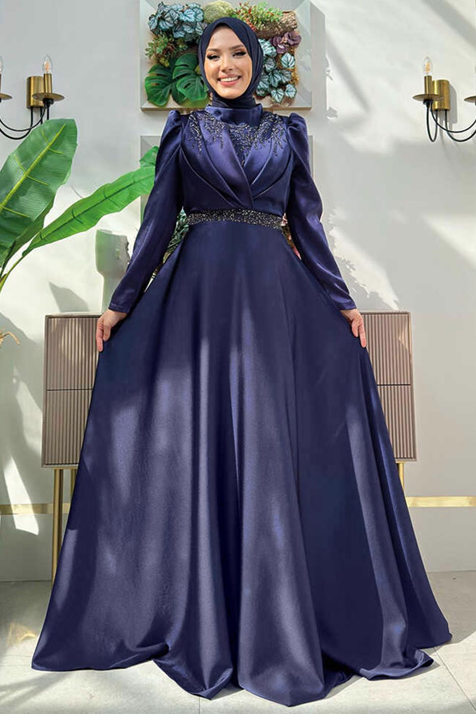 Tesettür giyim LACİVERT TAŞ DETAYLI ABİYE ELBİSE T 8511