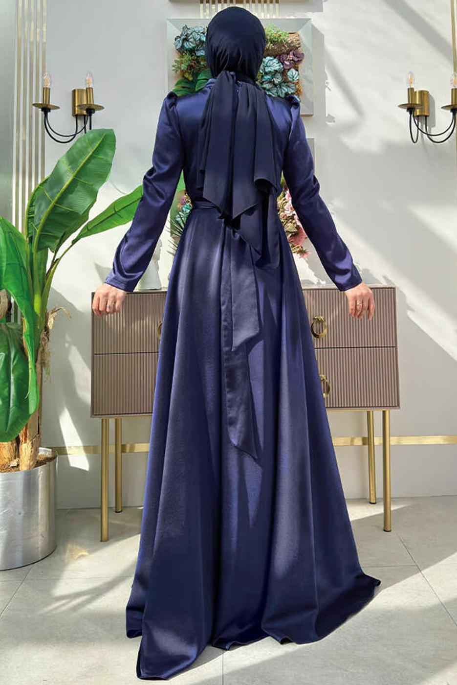 Tesettür giyim LACİVERT TAŞ DETAYLI ABİYE ELBİSE T 8511