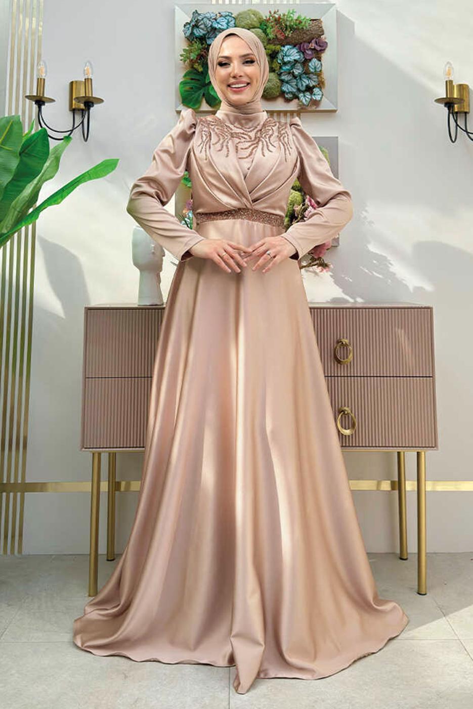 Tesettür giyim VİZON TAŞ DETAYLI ABİYE ELBİSE T 8511