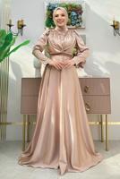 Tesettür giyim VİZON TAŞ DETAYLI ABİYE ELBİSE T 8511