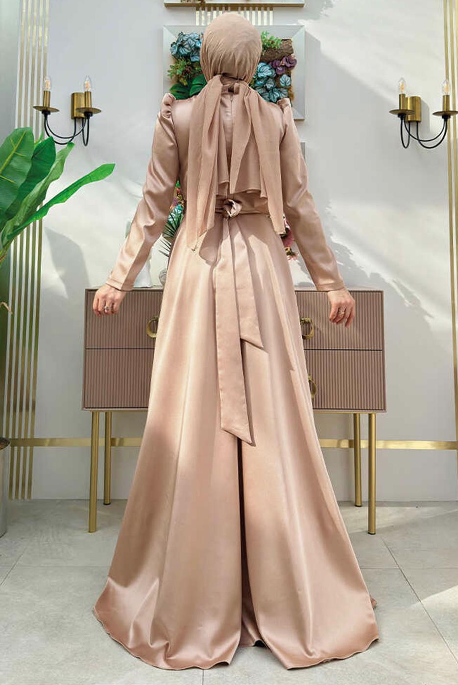 Tesettür giyim VİZON TAŞ DETAYLI ABİYE ELBİSE T 8511