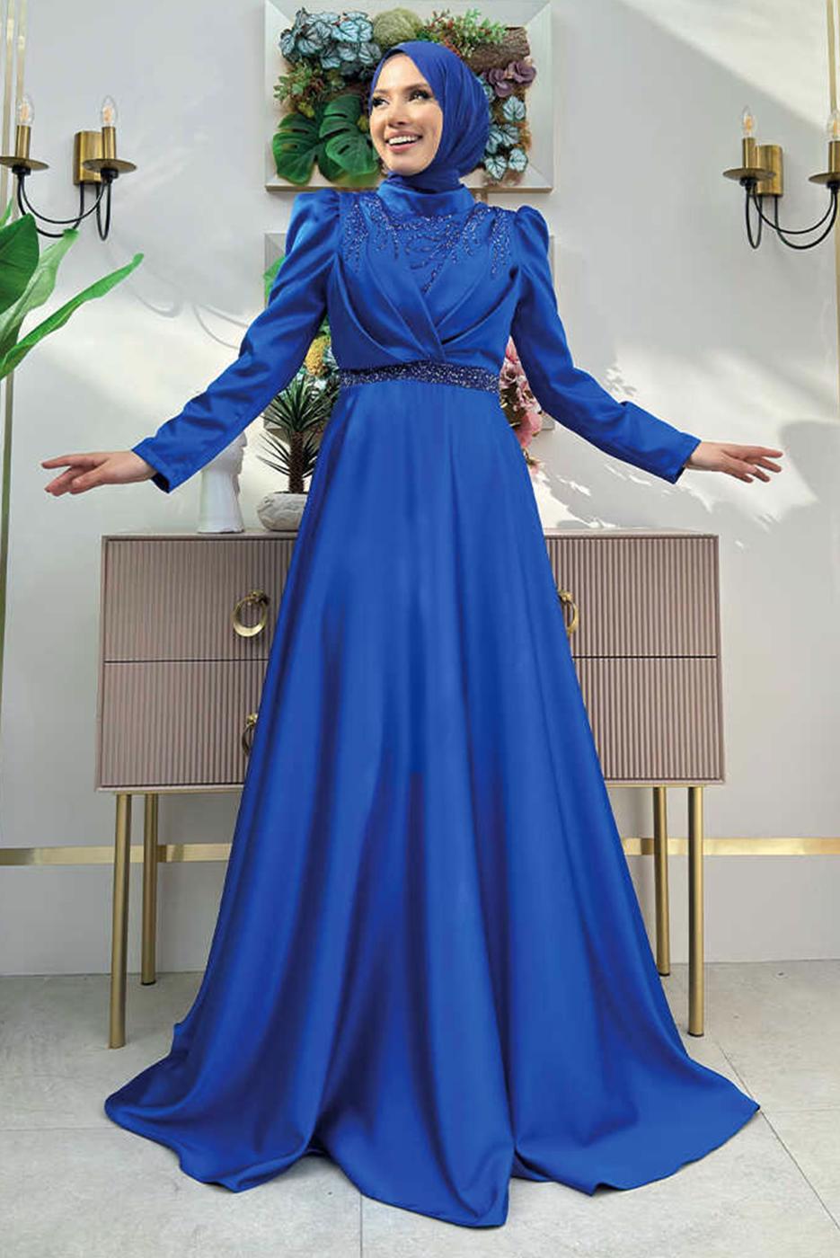 Tesettür giyim LACİVERT TAŞ DETAYLI ABİYE ELBİSE T 8511