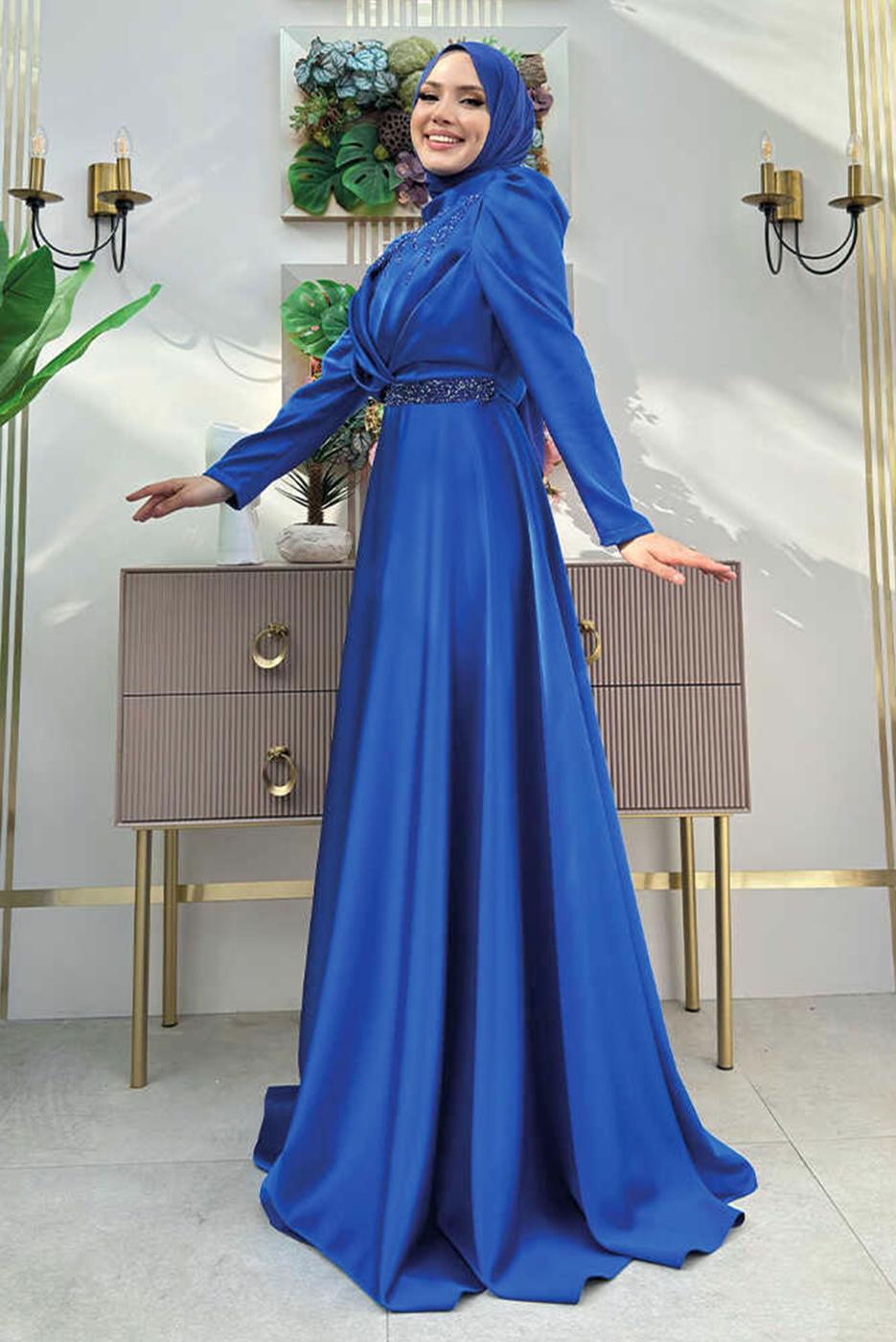 Tesettür giyim LACİVERT TAŞ DETAYLI ABİYE ELBİSE T 8511