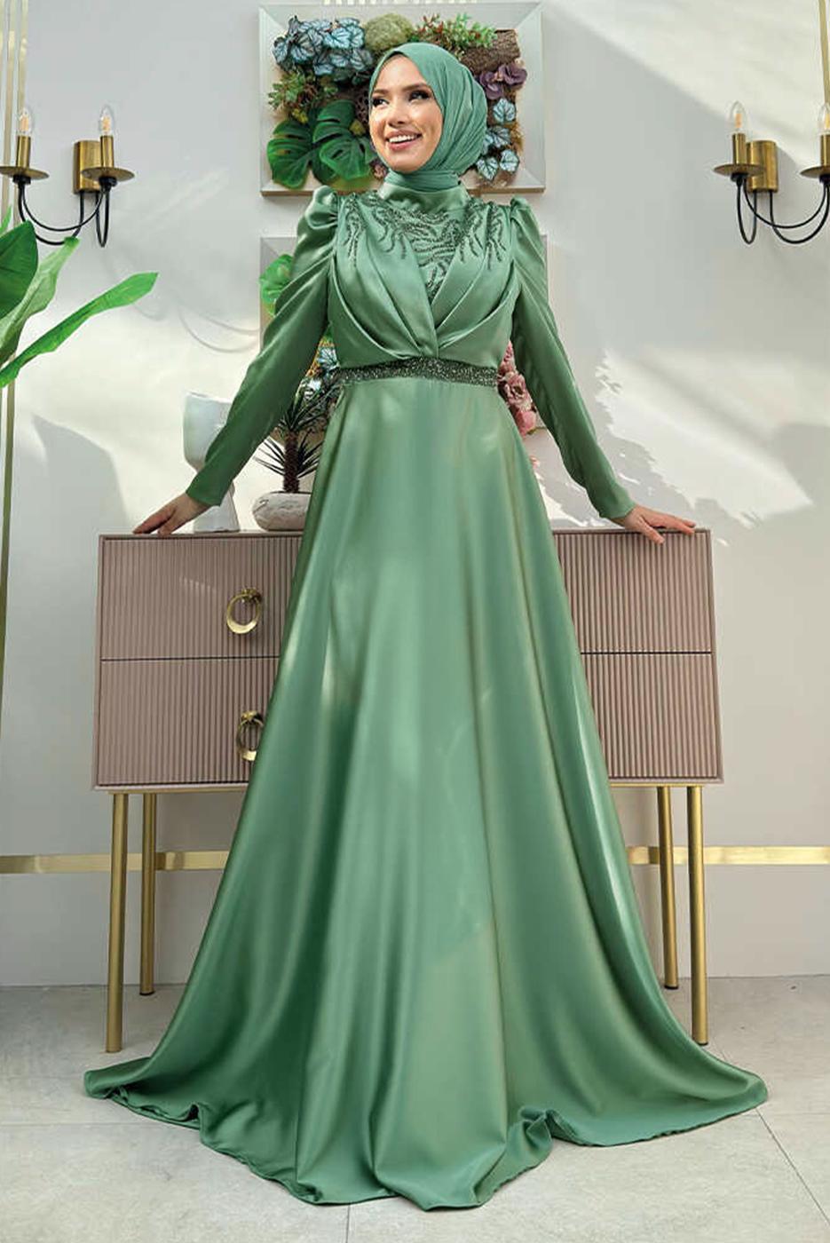 Tesettür giyim YEŞİL TAŞ DETAYLI ABİYE ELBİSE T 8511