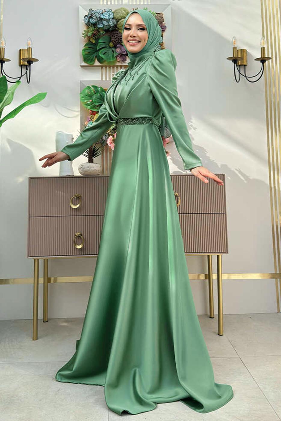 Tesettür giyim YEŞİL TAŞ DETAYLI ABİYE ELBİSE T 8511