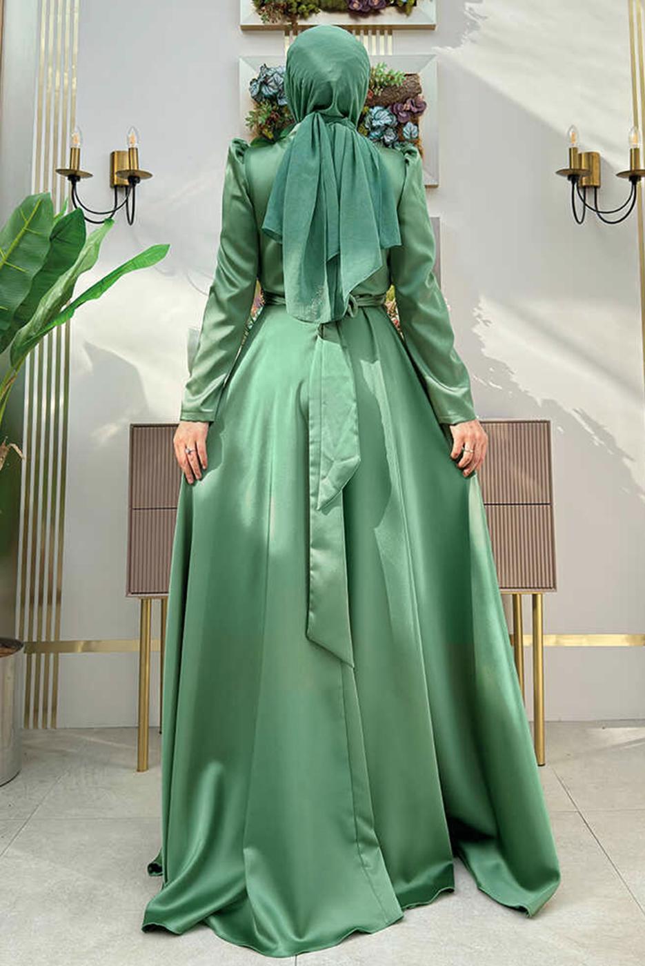 Tesettür giyim YEŞİL TAŞ DETAYLI ABİYE ELBİSE T 8511