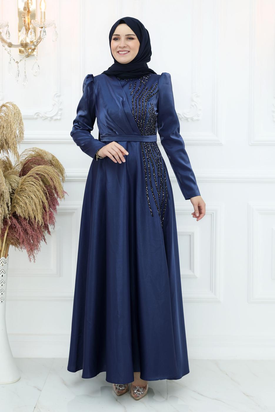 Tesettür giyim LACİVERT TAŞ DETAYLI ABİYE ELBİSE T 8553